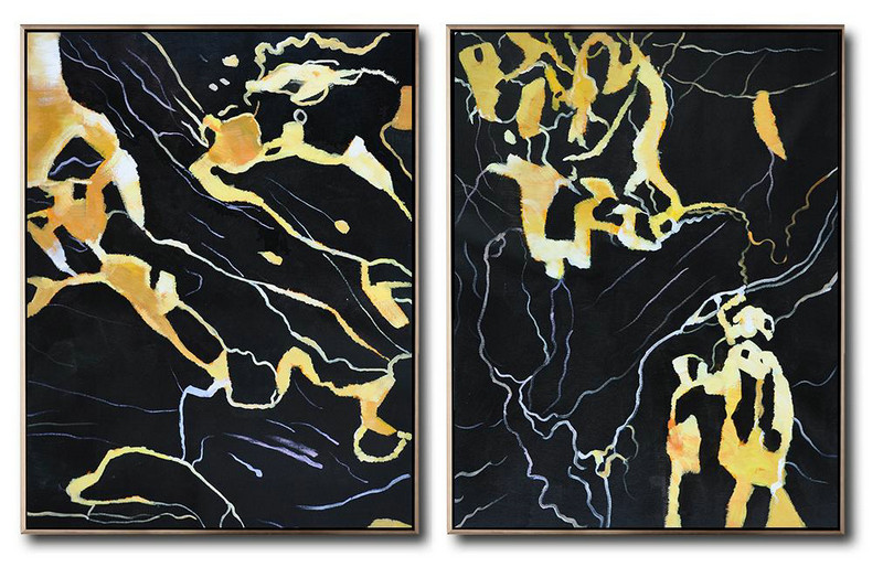 Hand Made Abstract Art,Set Of 2 Abstract Marble Painting On Canvas,Custom Canvas Wall Art,Black,White,Yellow.etc